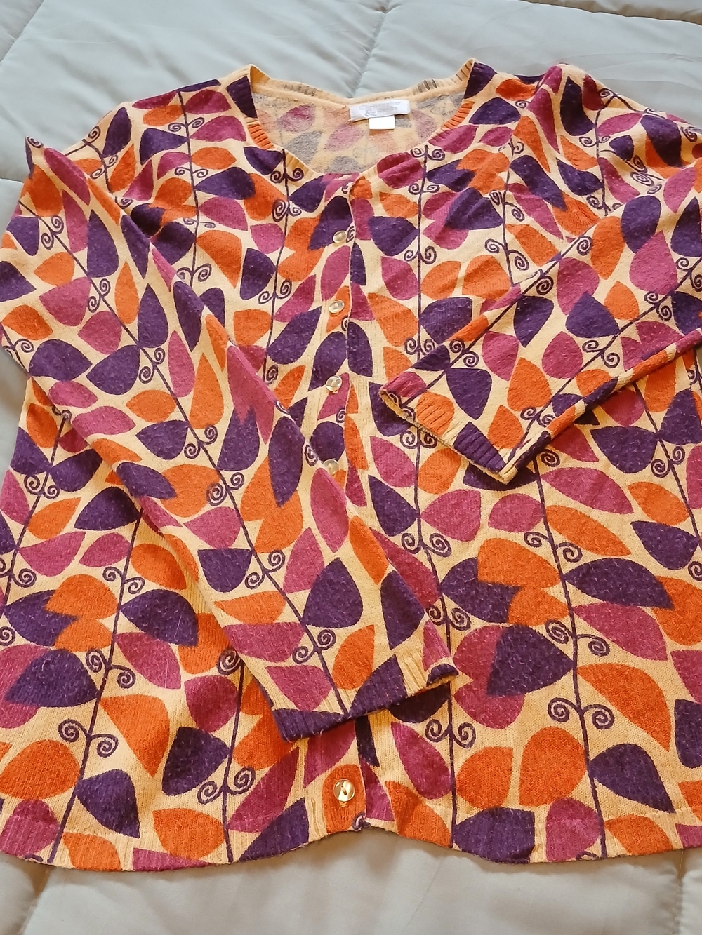 Christopher & Banks Purple Orange Yellow Leaf-Print Cardigan
